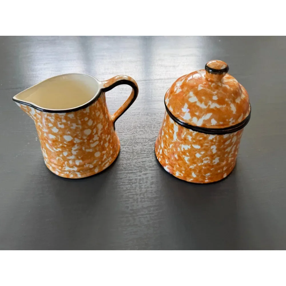 Stangl Town & Country Orange Spongeware Covered Sugar Bowl & Creamer Set